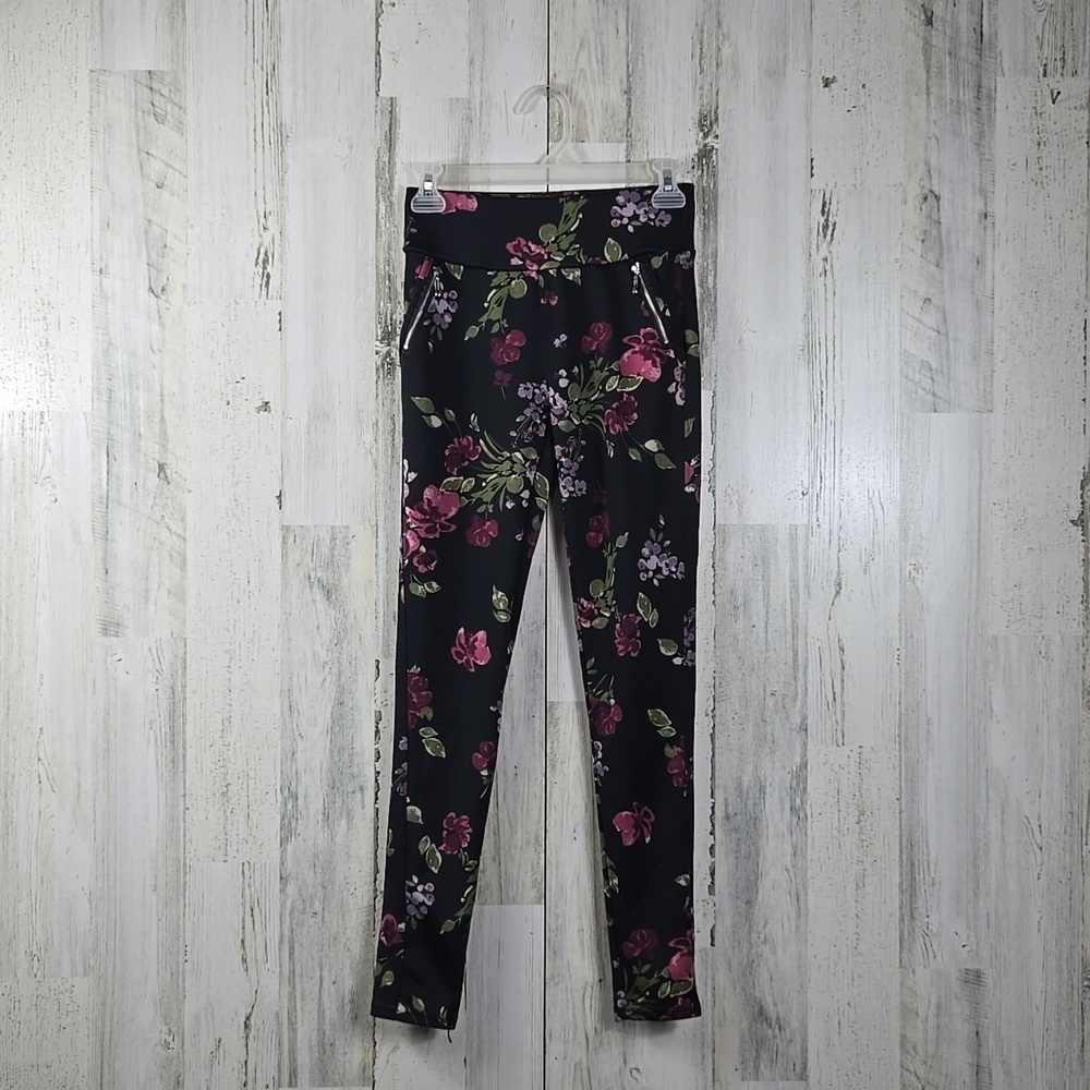 Shosho black flower leggings with zipper pockets women's size small